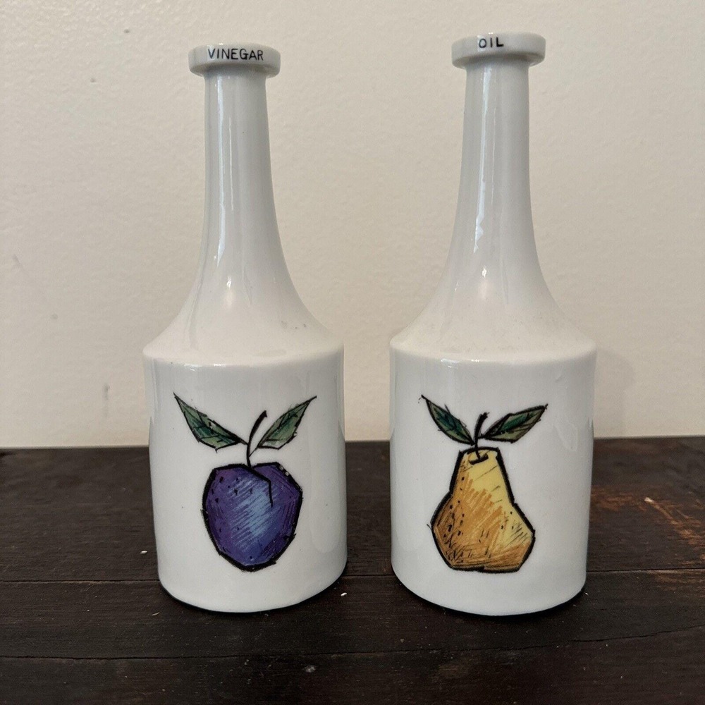Long‎ Neck Ceramic Oil and Vinegar Bottles Made In Japan Fruit Art